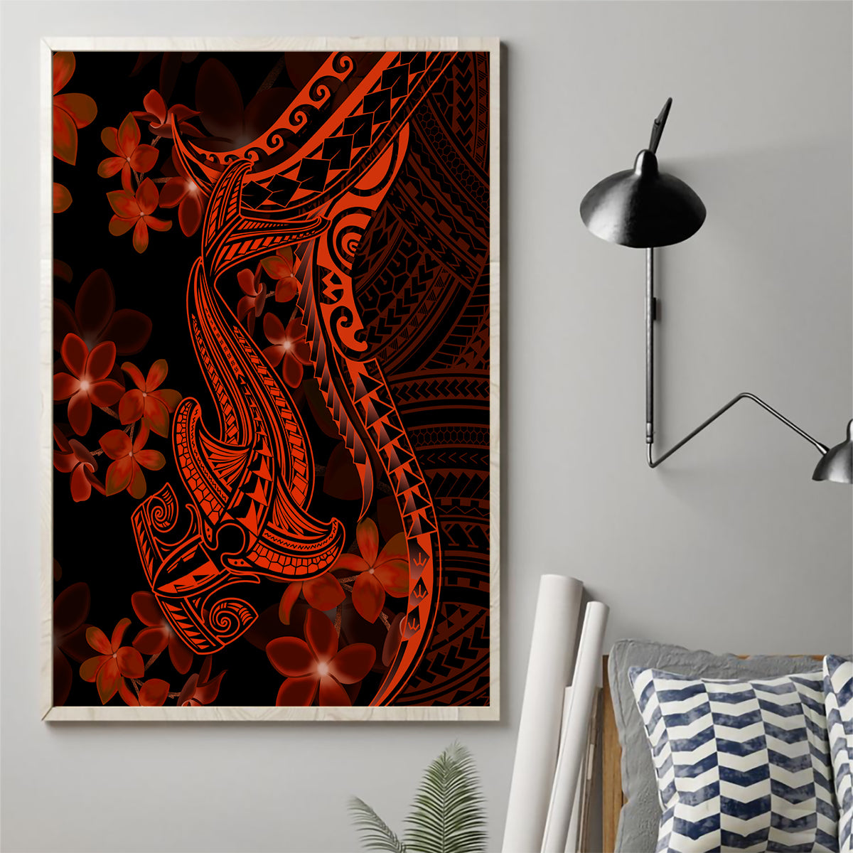 Red Polynesia Canvas Wall Art Shark Tattoo With Polynesian Plumeria - Wonder Print Shop