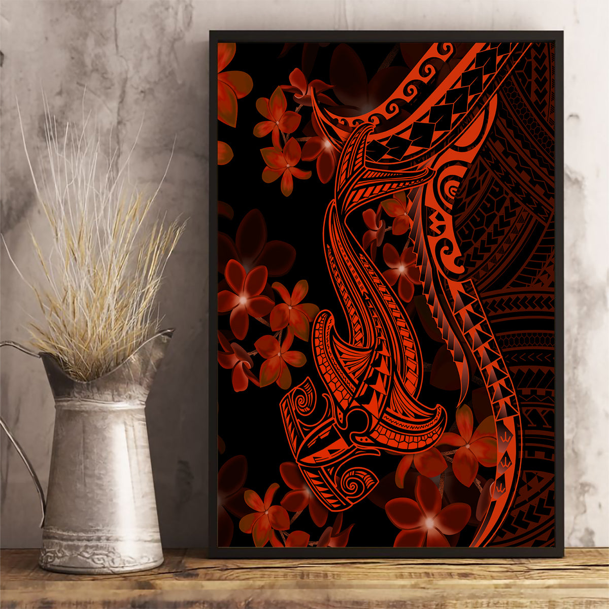 Red Polynesia Canvas Wall Art Shark Tattoo With Polynesian Plumeria - Wonder Print Shop