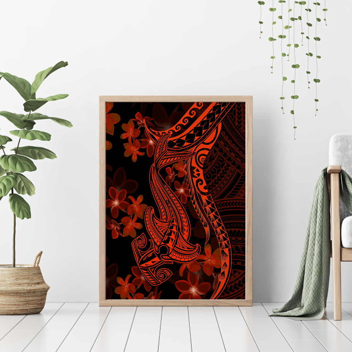 Red Polynesia Canvas Wall Art Shark Tattoo With Polynesian Plumeria - Wonder Print Shop