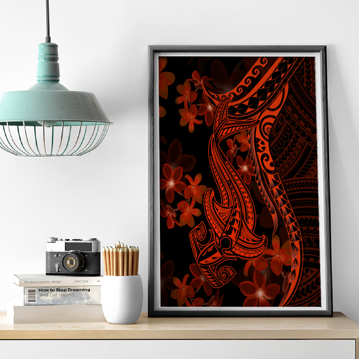 Red Polynesia Canvas Wall Art Shark Tattoo With Polynesian Plumeria - Wonder Print Shop