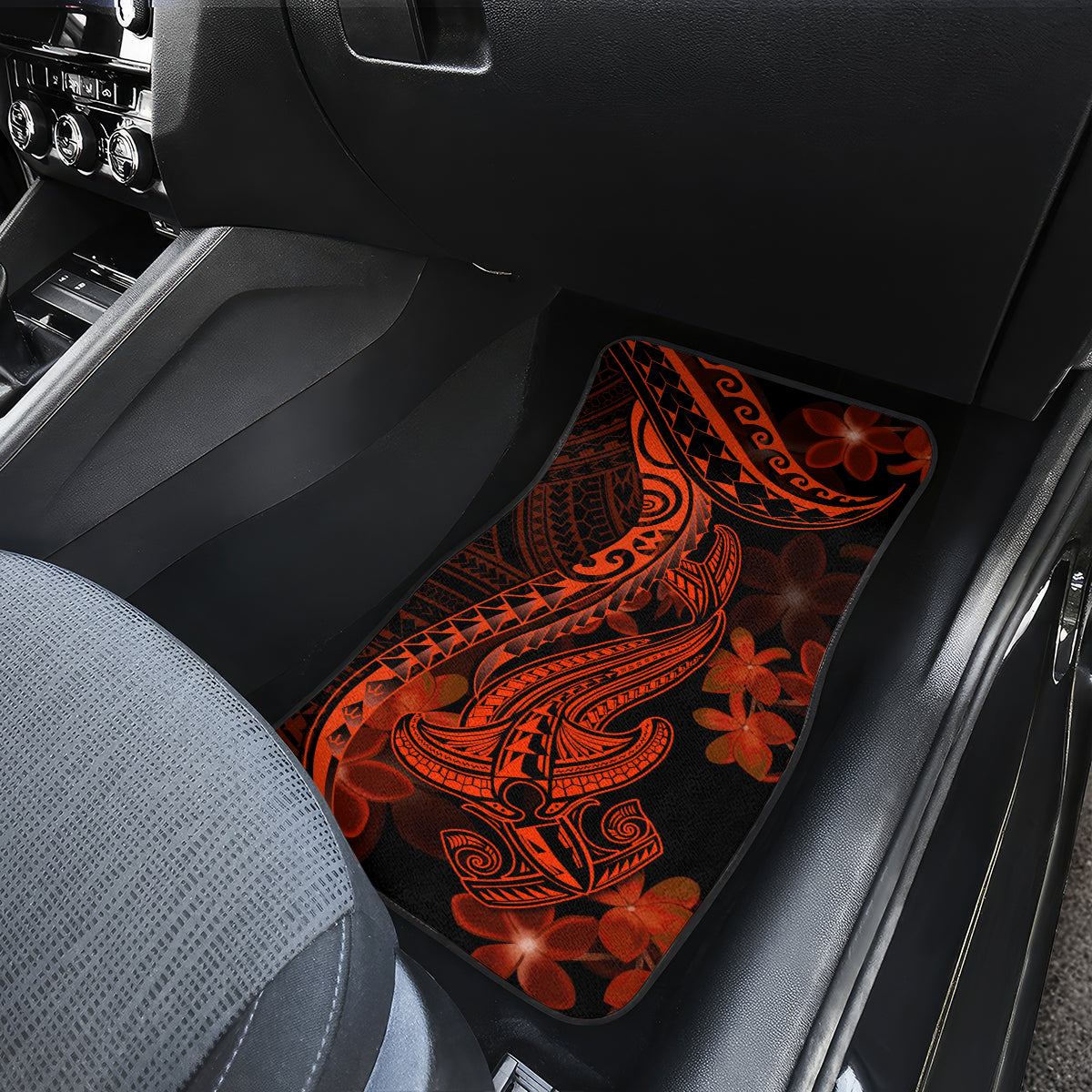 Red Polynesia Car Mats Shark Tattoo With Polynesian Plumeria - Wonder Print Shop