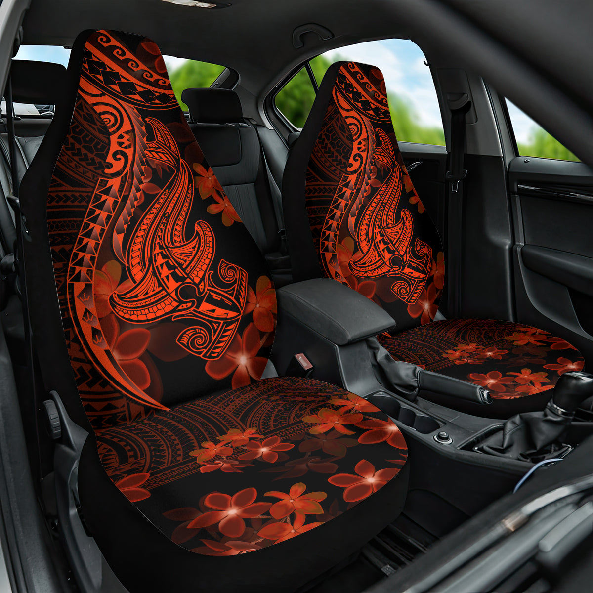 Red Polynesia Car Seat Cover Shark Tattoo With Polynesian Plumeria - Wonder Print Shop