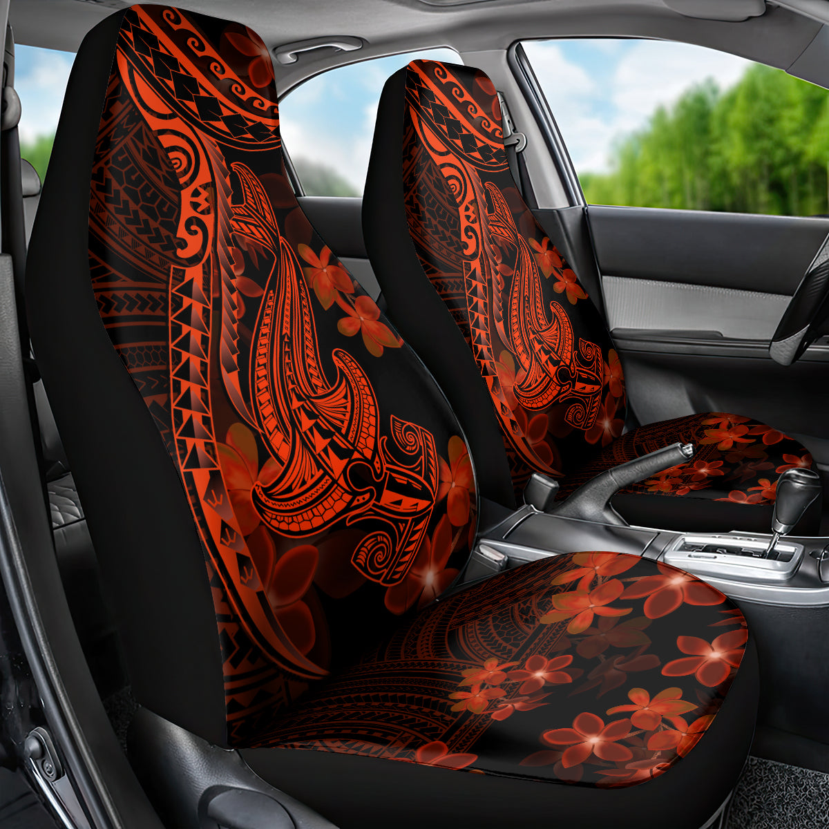 Red Polynesia Car Seat Cover Shark Tattoo With Polynesian Plumeria - Wonder Print Shop