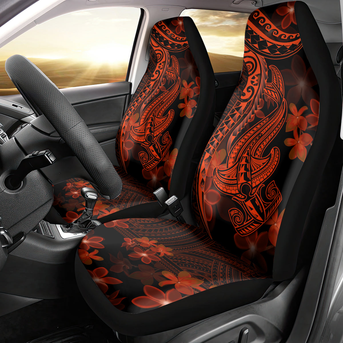 Red Polynesia Car Seat Cover Shark Tattoo With Polynesian Plumeria - Wonder Print Shop