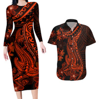 Red Polynesia Couples Matching Long Sleeve Bodycon Dress and Hawaiian Shirt Shark Tattoo With Polynesian Plumeria - Wonder Print Shop