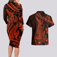 Red Polynesia Couples Matching Long Sleeve Bodycon Dress and Hawaiian Shirt Shark Tattoo With Polynesian Plumeria - Wonder Print Shop