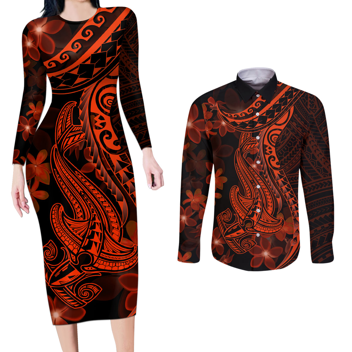 Red Polynesia Couples Matching Long Sleeve Bodycon Dress and Long Sleeve Button Shirt Shark Tattoo With Polynesian Plumeria - Wonder Print Shop