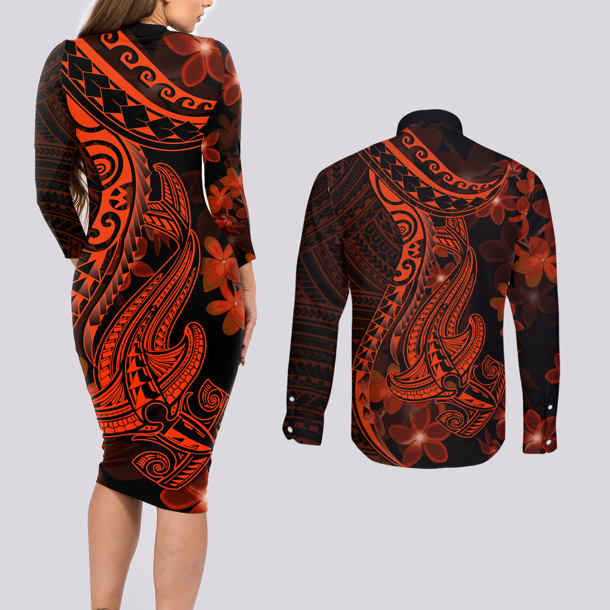 Red Polynesia Couples Matching Long Sleeve Bodycon Dress and Long Sleeve Button Shirt Shark Tattoo With Polynesian Plumeria - Wonder Print Shop