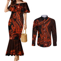 red-polynesia-couples-matching-mermaid-dress-and-long-sleeve-button-shirt-shark-tattoo-with-polynesian-plumeria
