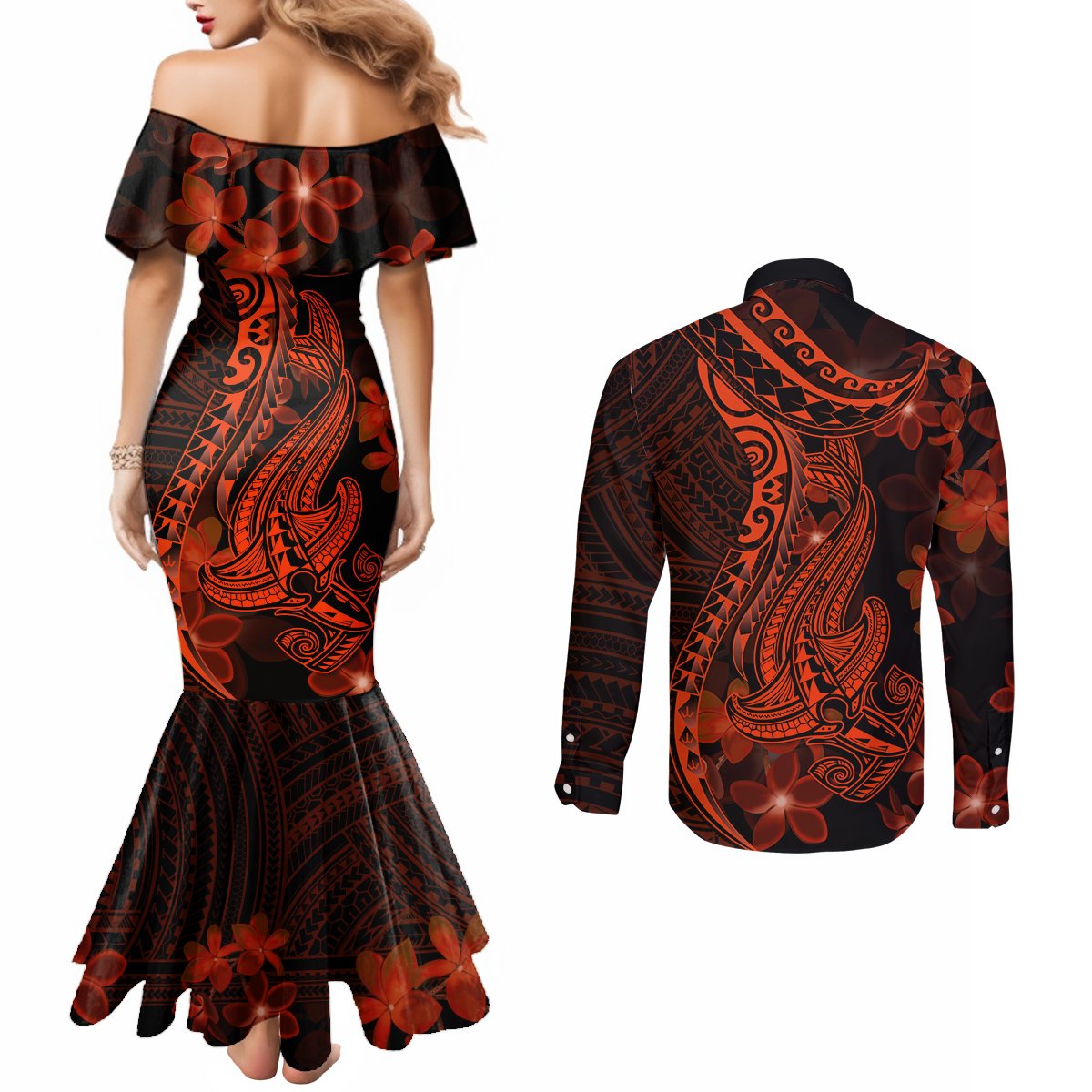red-polynesia-couples-matching-mermaid-dress-and-long-sleeve-button-shirt-shark-tattoo-with-polynesian-plumeria