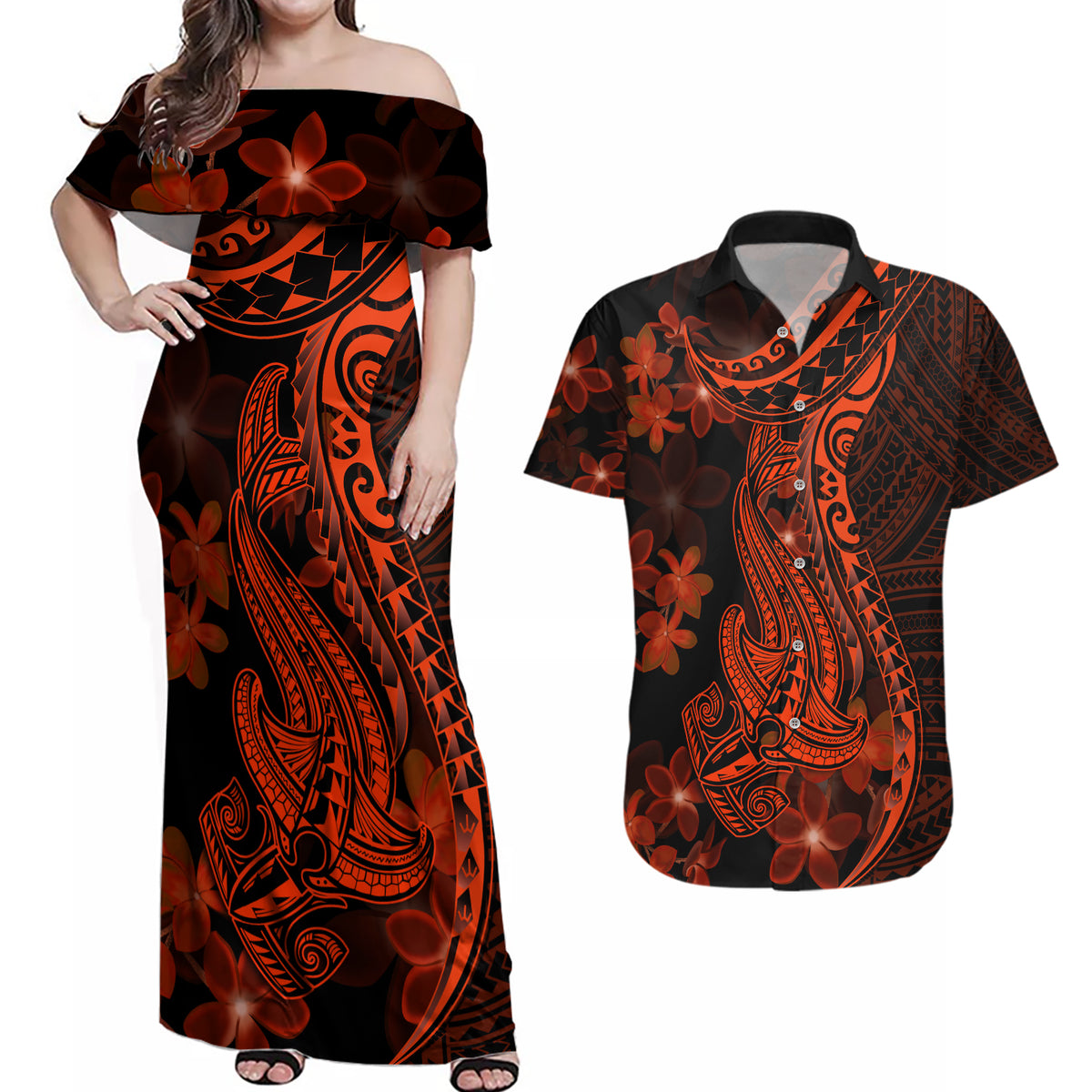 Red Polynesia Couples Matching Off Shoulder Maxi Dress and Hawaiian Shirt Shark Tattoo With Polynesian Plumeria - Wonder Print Shop