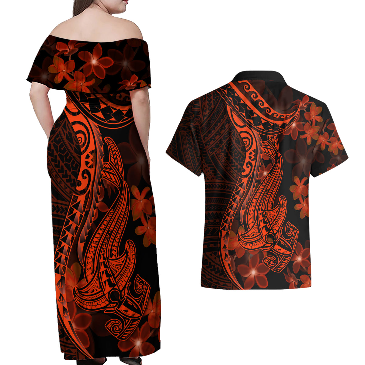 Red Polynesia Couples Matching Off Shoulder Maxi Dress and Hawaiian Shirt Shark Tattoo With Polynesian Plumeria - Wonder Print Shop