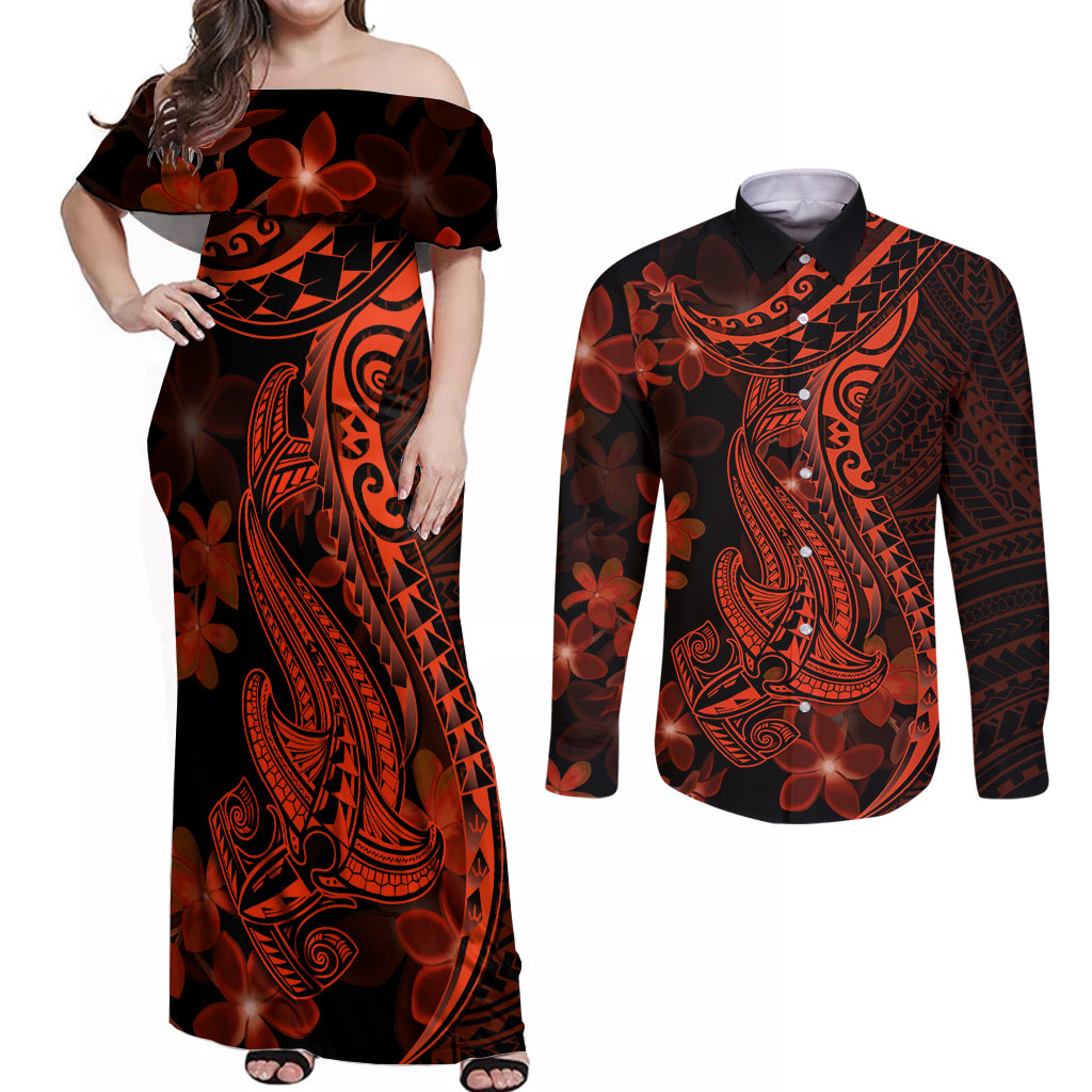 Red Polynesia Couples Matching Off Shoulder Maxi Dress and Long Sleeve Button Shirt Shark Tattoo With Polynesian Plumeria - Wonder Print Shop