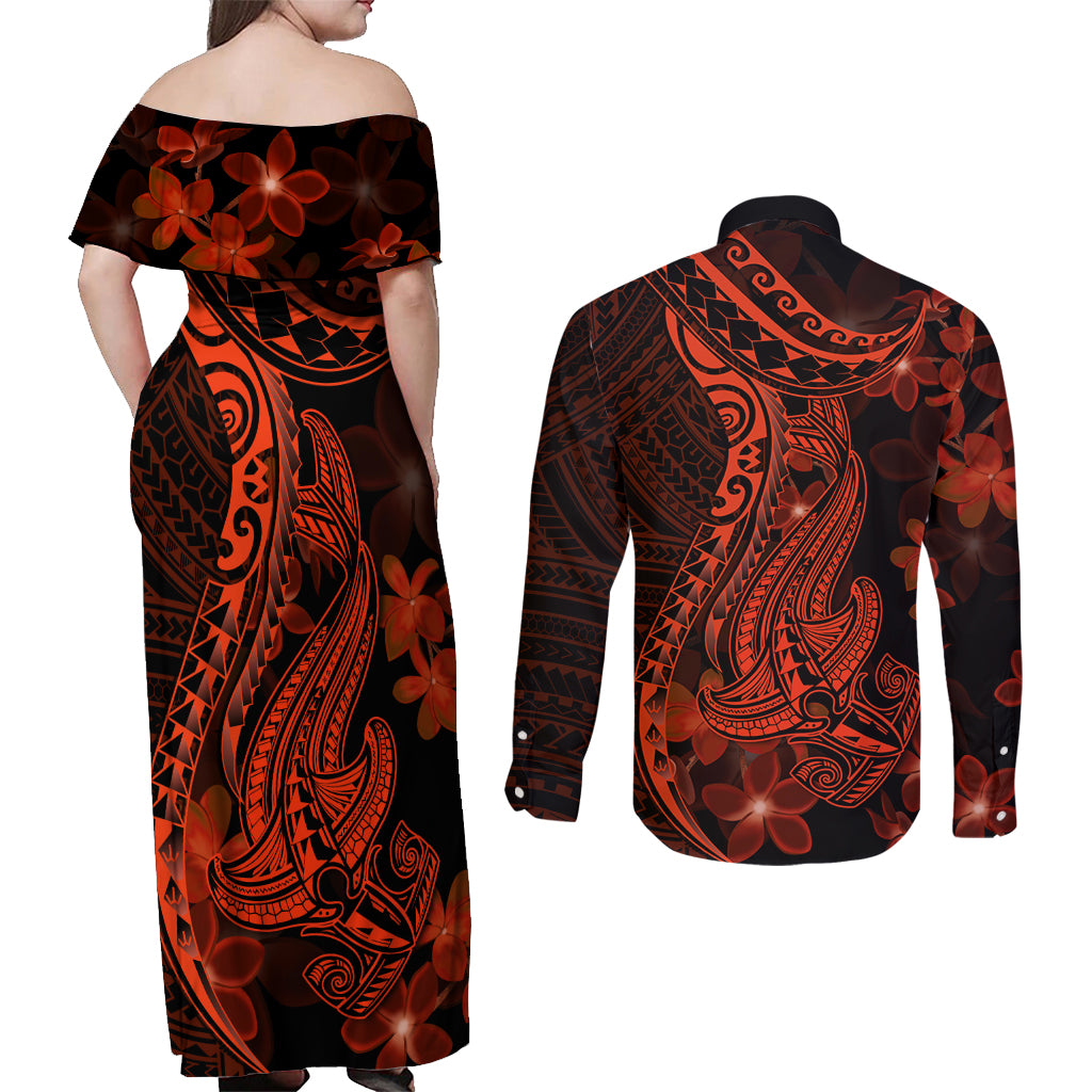Red Polynesia Couples Matching Off Shoulder Maxi Dress and Long Sleeve Button Shirt Shark Tattoo With Polynesian Plumeria - Wonder Print Shop