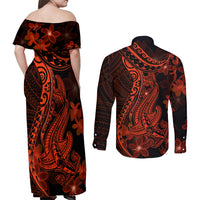 Red Polynesia Couples Matching Off Shoulder Maxi Dress and Long Sleeve Button Shirt Shark Tattoo With Polynesian Plumeria - Wonder Print Shop