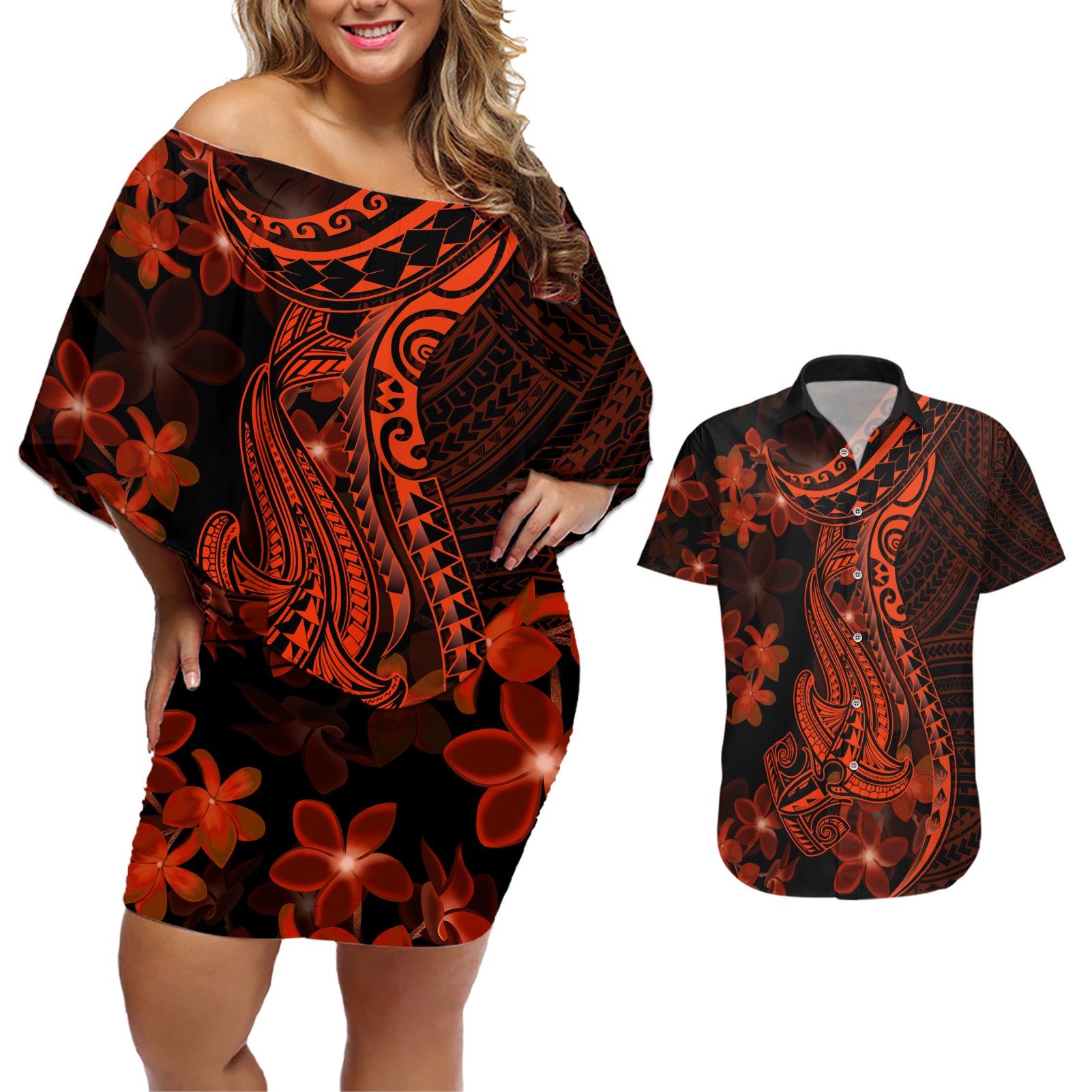 Red Polynesia Couples Matching Off Shoulder Short Dress and Hawaiian Shirt Shark Tattoo With Polynesian Plumeria - Wonder Print Shop