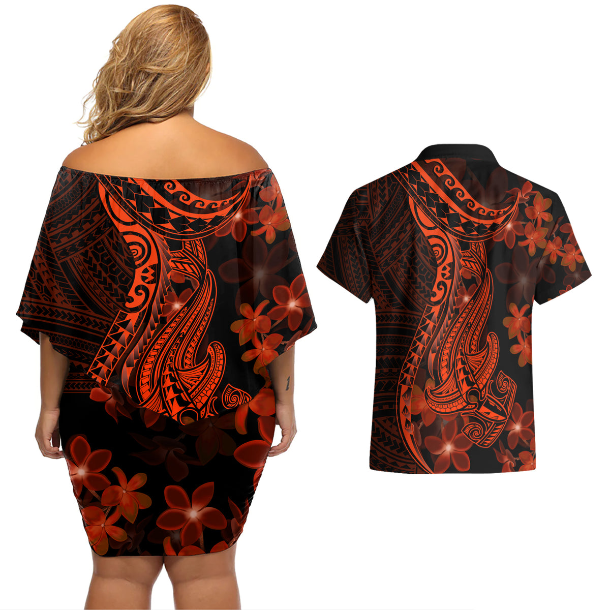 Red Polynesia Couples Matching Off Shoulder Short Dress and Hawaiian Shirt Shark Tattoo With Polynesian Plumeria - Wonder Print Shop