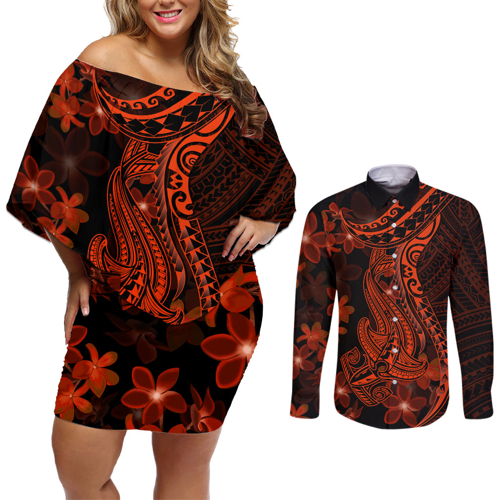 Red Polynesia Couples Matching Off Shoulder Short Dress and Long Sleeve Button Shirt Shark Tattoo With Polynesian Plumeria - Wonder Print Shop