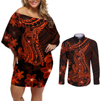 Red Polynesia Couples Matching Off Shoulder Short Dress and Long Sleeve Button Shirt Shark Tattoo With Polynesian Plumeria - Wonder Print Shop