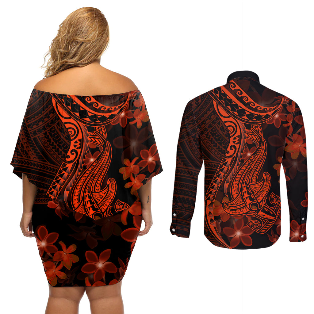 Red Polynesia Couples Matching Off Shoulder Short Dress and Long Sleeve Button Shirt Shark Tattoo With Polynesian Plumeria - Wonder Print Shop