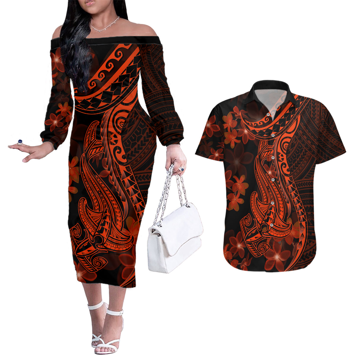 Red Polynesia Couples Matching Off The Shoulder Long Sleeve Dress and Hawaiian Shirt Shark Tattoo With Polynesian Plumeria - Wonder Print Shop