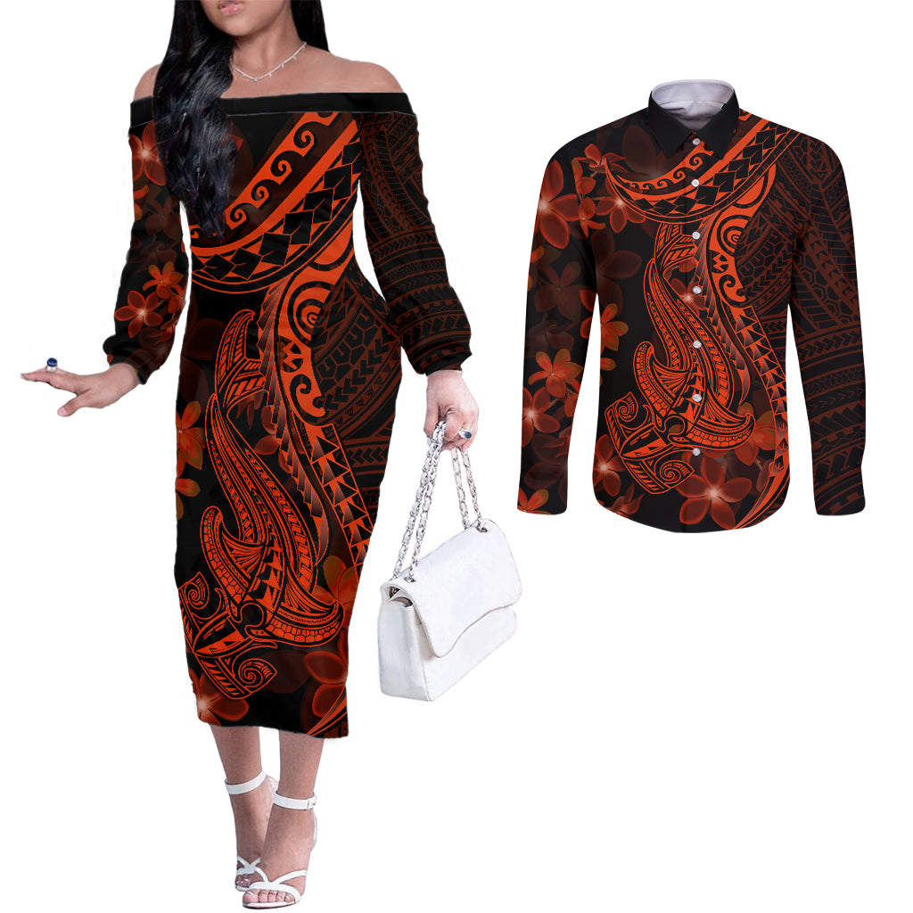 red-polynesia-couples-matching-off-the-shoulder-long-sleeve-dress-and-long-sleeve-button-shirt-shark-tattoo-with-polynesian-plumeria