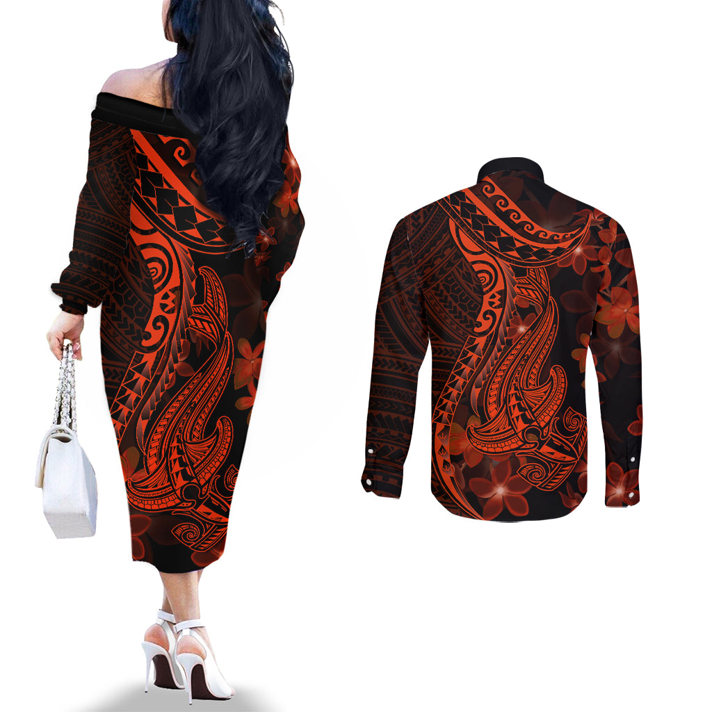 red-polynesia-couples-matching-off-the-shoulder-long-sleeve-dress-and-long-sleeve-button-shirt-shark-tattoo-with-polynesian-plumeria