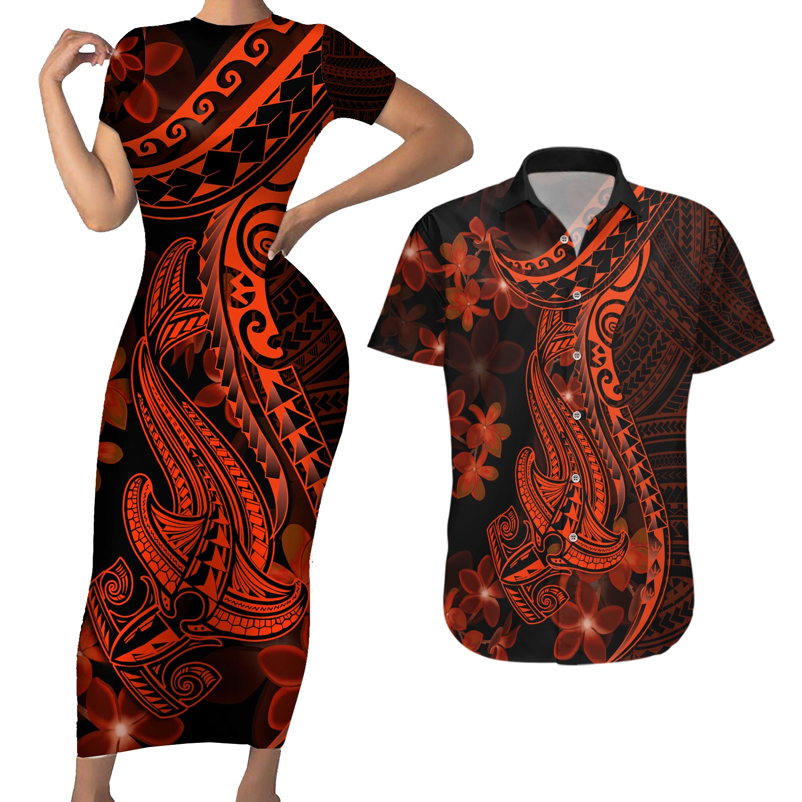 Red Polynesia Couples Matching Short Sleeve Bodycon Dress and Hawaiian Shirt Shark Tattoo With Polynesian Plumeria - Wonder Print Shop