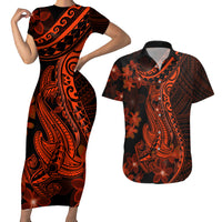 Red Polynesia Couples Matching Short Sleeve Bodycon Dress and Hawaiian Shirt Shark Tattoo With Polynesian Plumeria - Wonder Print Shop