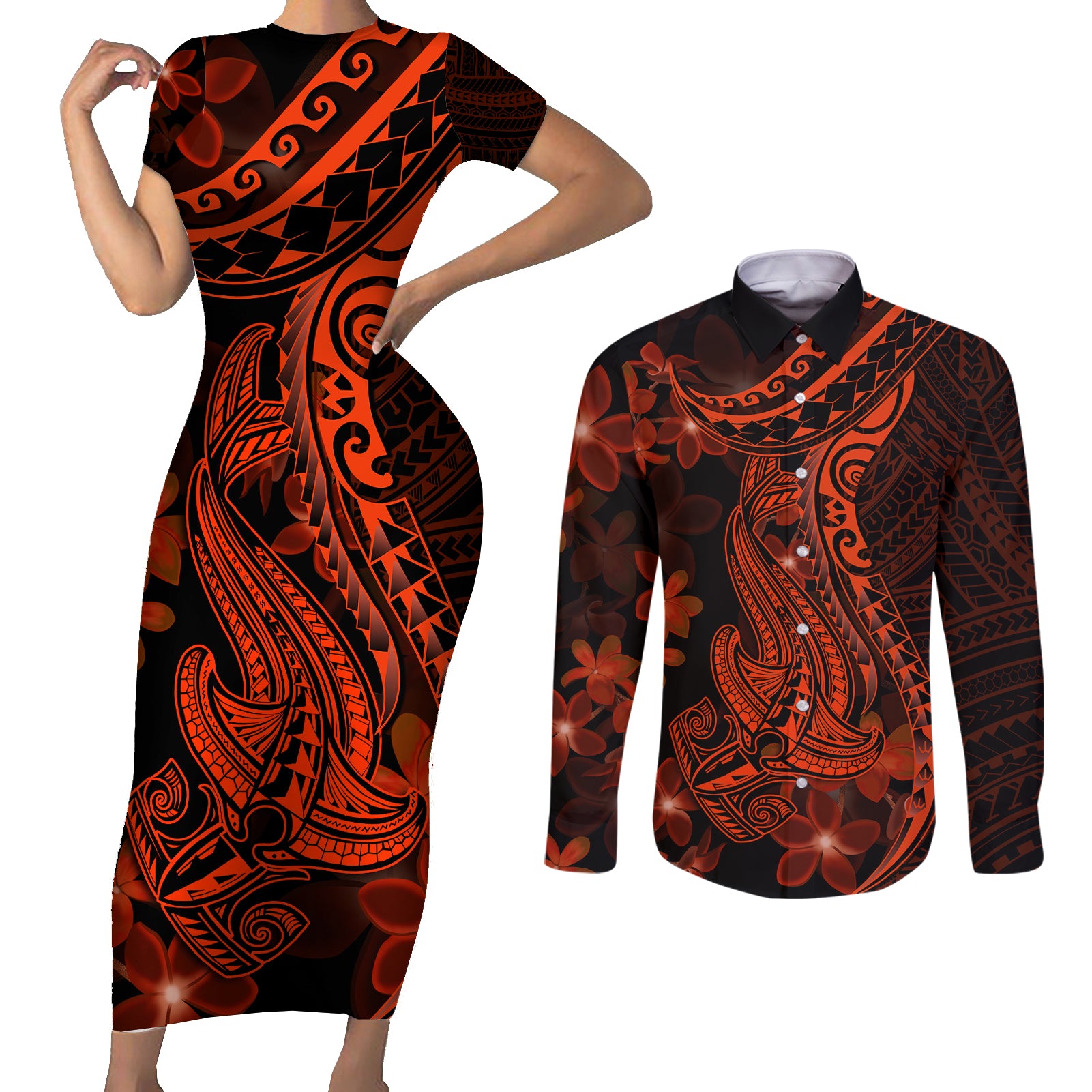 Red Polynesia Couples Matching Short Sleeve Bodycon Dress and Long Sleeve Button Shirt Shark Tattoo With Polynesian Plumeria - Wonder Print Shop