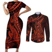Red Polynesia Couples Matching Short Sleeve Bodycon Dress and Long Sleeve Button Shirt Shark Tattoo With Polynesian Plumeria - Wonder Print Shop
