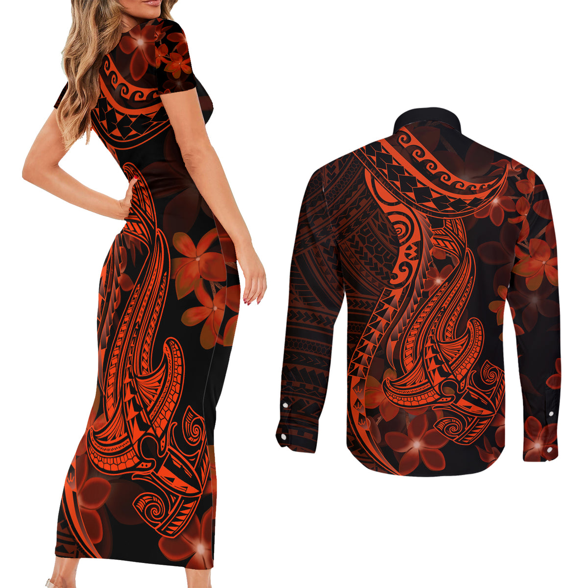 Red Polynesia Couples Matching Short Sleeve Bodycon Dress and Long Sleeve Button Shirt Shark Tattoo With Polynesian Plumeria - Wonder Print Shop