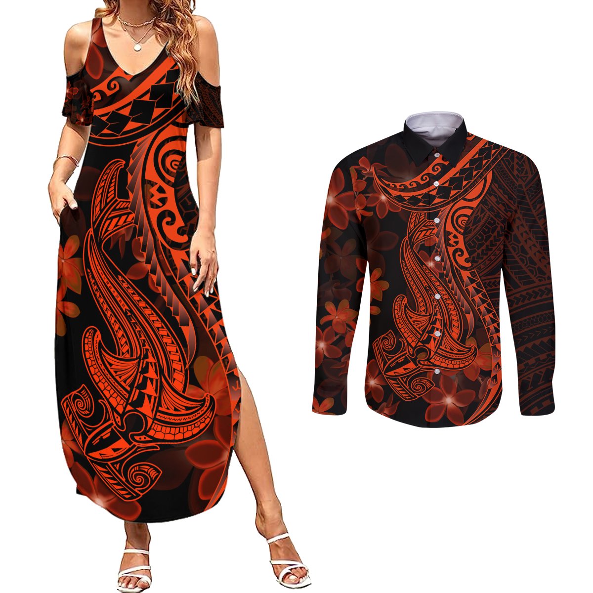Red Polynesia Couples Matching Summer Maxi Dress and Long Sleeve Button Shirt Shark Tattoo With Polynesian Plumeria - Wonder Print Shop