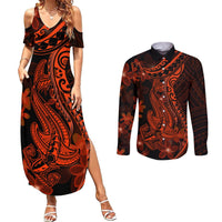 Red Polynesia Couples Matching Summer Maxi Dress and Long Sleeve Button Shirt Shark Tattoo With Polynesian Plumeria - Wonder Print Shop