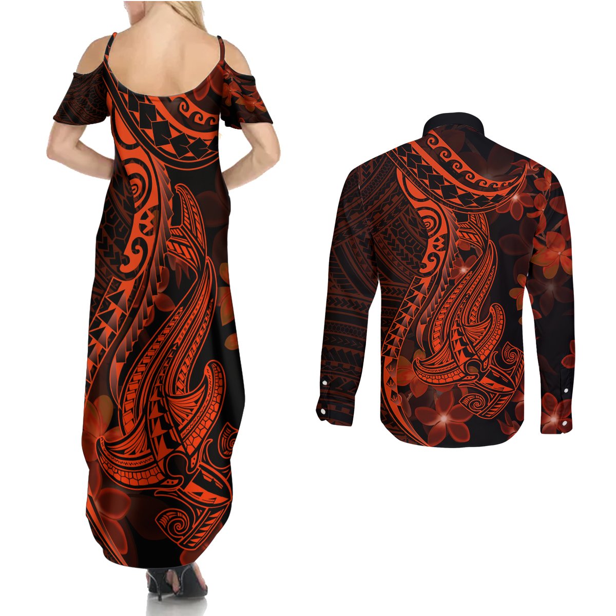 Red Polynesia Couples Matching Summer Maxi Dress and Long Sleeve Button Shirt Shark Tattoo With Polynesian Plumeria - Wonder Print Shop