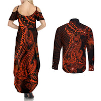 Red Polynesia Couples Matching Summer Maxi Dress and Long Sleeve Button Shirt Shark Tattoo With Polynesian Plumeria - Wonder Print Shop
