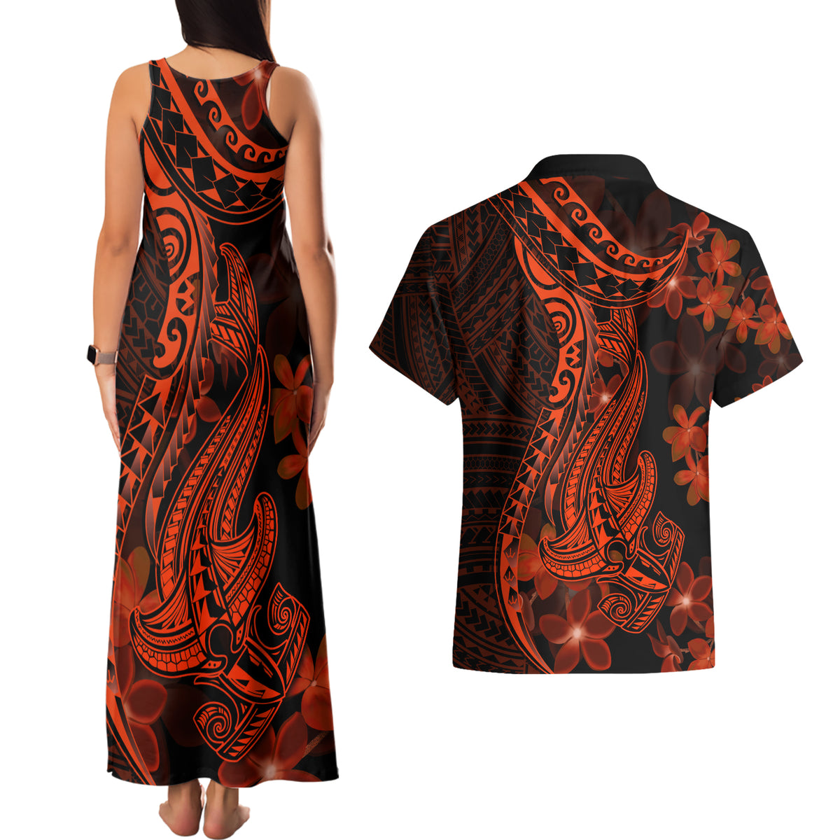 Red Polynesia Couples Matching Tank Maxi Dress and Hawaiian Shirt Shark Tattoo With Polynesian Plumeria - Wonder Print Shop