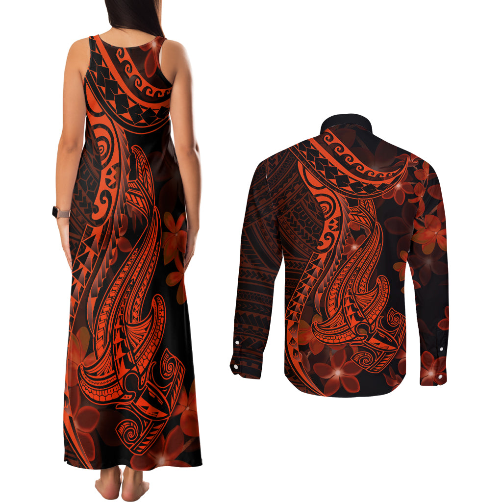 Red Polynesia Couples Matching Tank Maxi Dress and Long Sleeve Button Shirt Shark Tattoo With Polynesian Plumeria - Wonder Print Shop