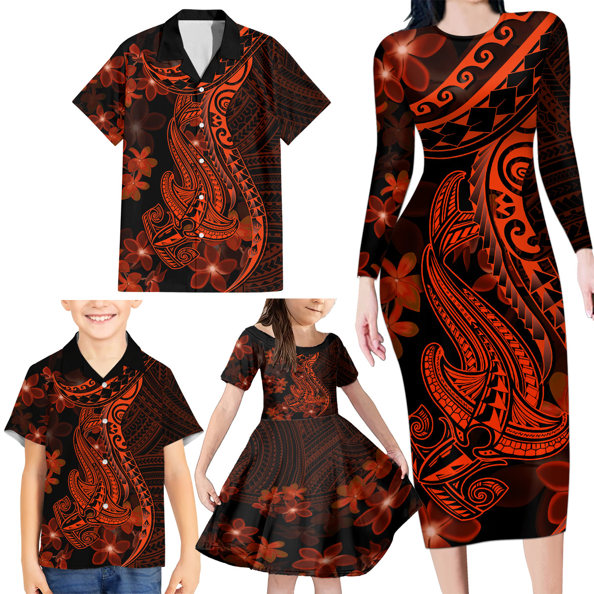 Red Polynesia Family Matching Long Sleeve Bodycon Dress and Hawaiian Shirt Shark Tattoo With Polynesian Plumeria - Wonder Print Shop