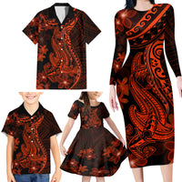 Red Polynesia Family Matching Long Sleeve Bodycon Dress and Hawaiian Shirt Shark Tattoo With Polynesian Plumeria - Wonder Print Shop
