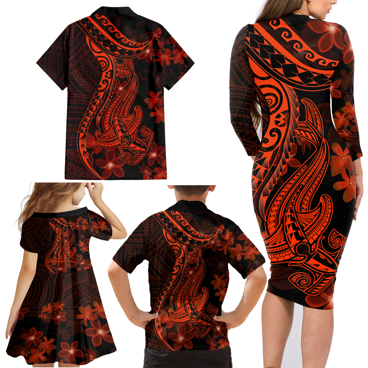 Red Polynesia Family Matching Long Sleeve Bodycon Dress and Hawaiian Shirt Shark Tattoo With Polynesian Plumeria - Wonder Print Shop