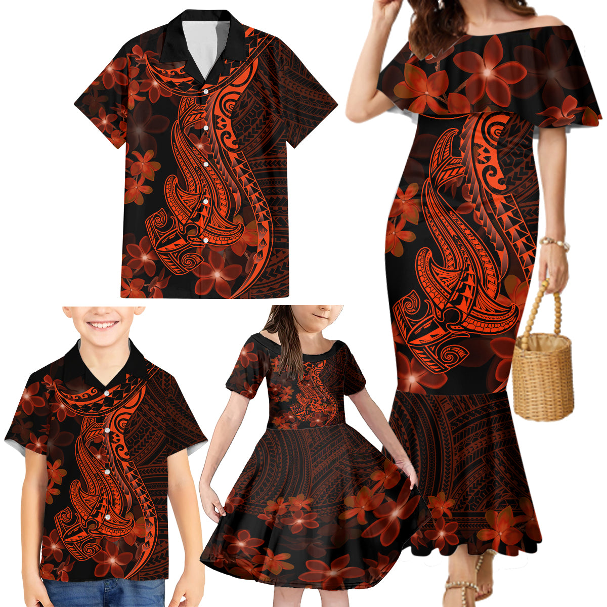 Red Polynesia Family Matching Mermaid Dress and Hawaiian Shirt Shark Tattoo With Polynesian Plumeria - Wonder Print Shop