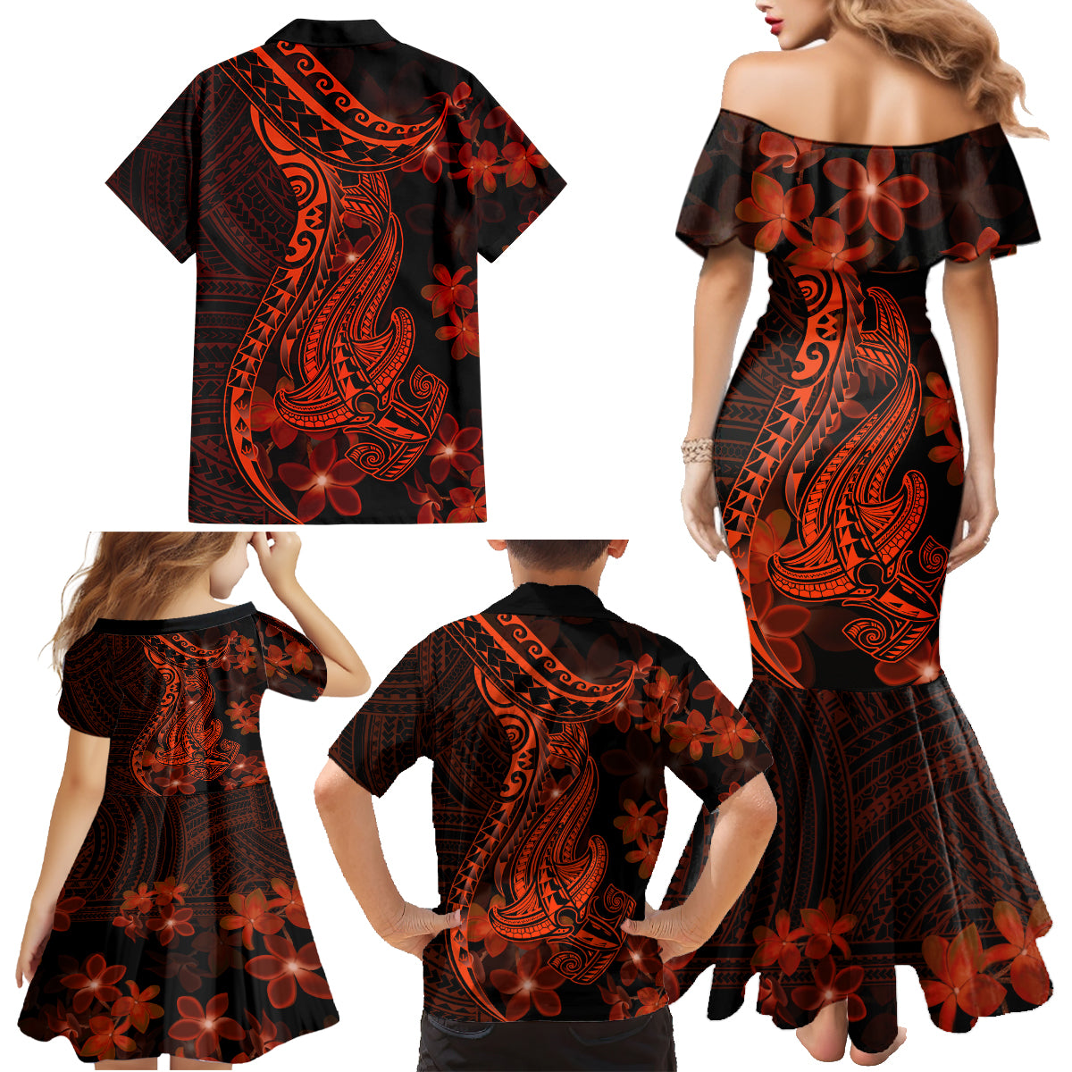 Red Polynesia Family Matching Mermaid Dress and Hawaiian Shirt Shark Tattoo With Polynesian Plumeria - Wonder Print Shop