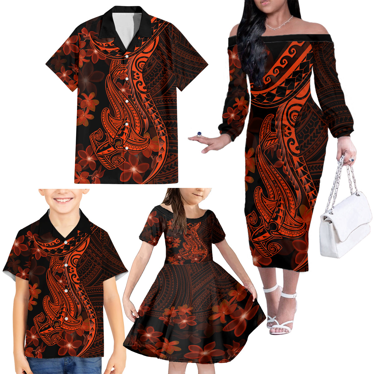 Red Polynesia Family Matching Off Shoulder Long Sleeve Dress and Hawaiian Shirt Shark Tattoo With Polynesian Plumeria - Wonder Print Shop