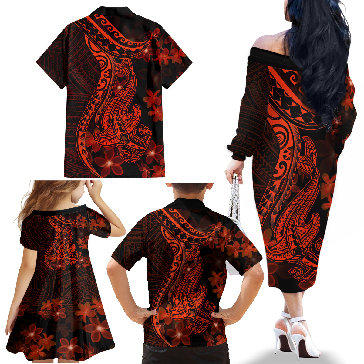 Red Polynesia Family Matching Off Shoulder Long Sleeve Dress and Hawaiian Shirt Shark Tattoo With Polynesian Plumeria - Wonder Print Shop