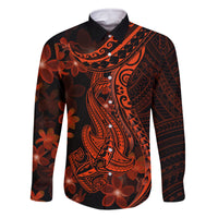 Red Polynesia Family Matching Off Shoulder Long Sleeve Dress and Hawaiian Shirt Shark Tattoo With Polynesian Plumeria - Wonder Print Shop