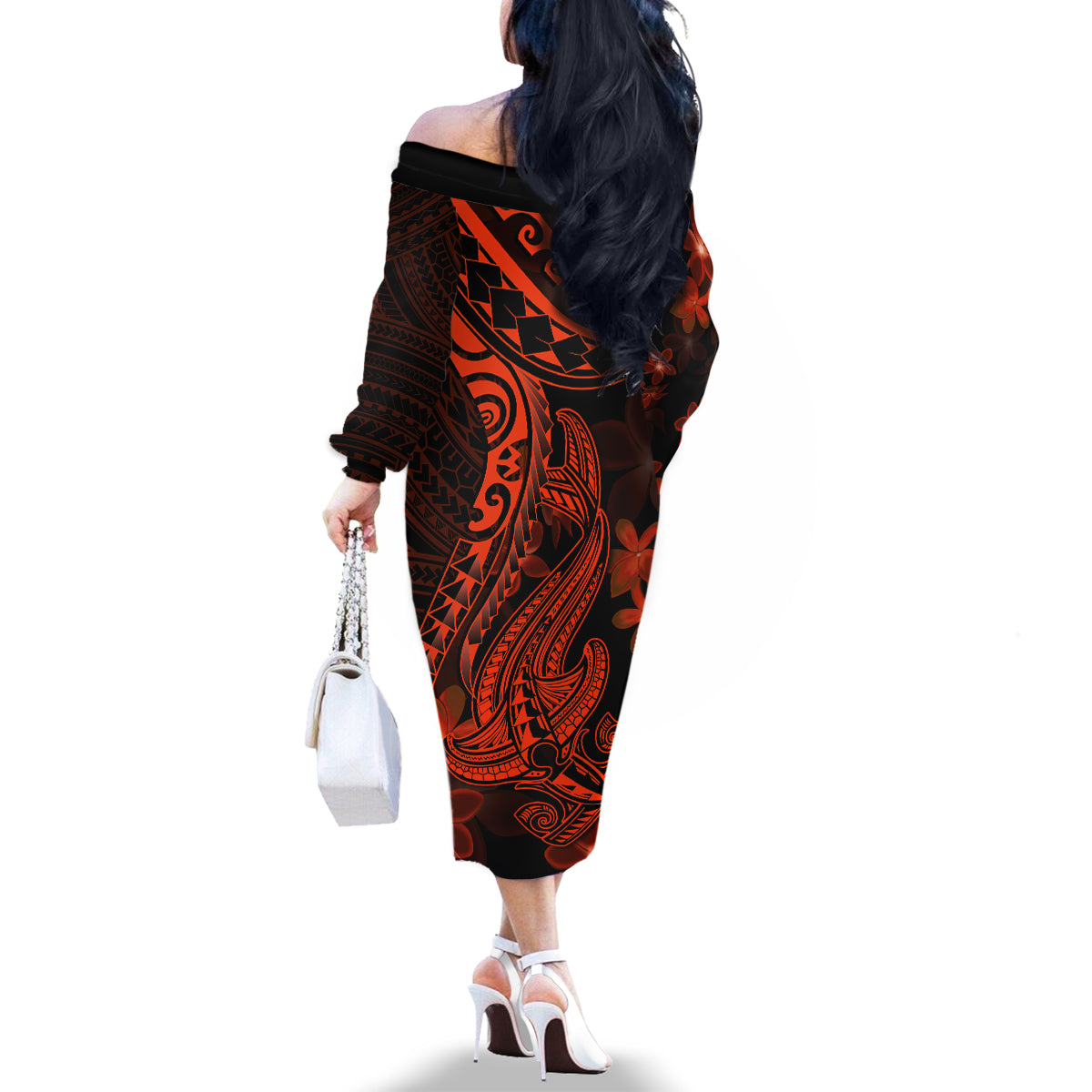 Red Polynesia Family Matching Off Shoulder Long Sleeve Dress and Hawaiian Shirt Shark Tattoo With Polynesian Plumeria - Wonder Print Shop