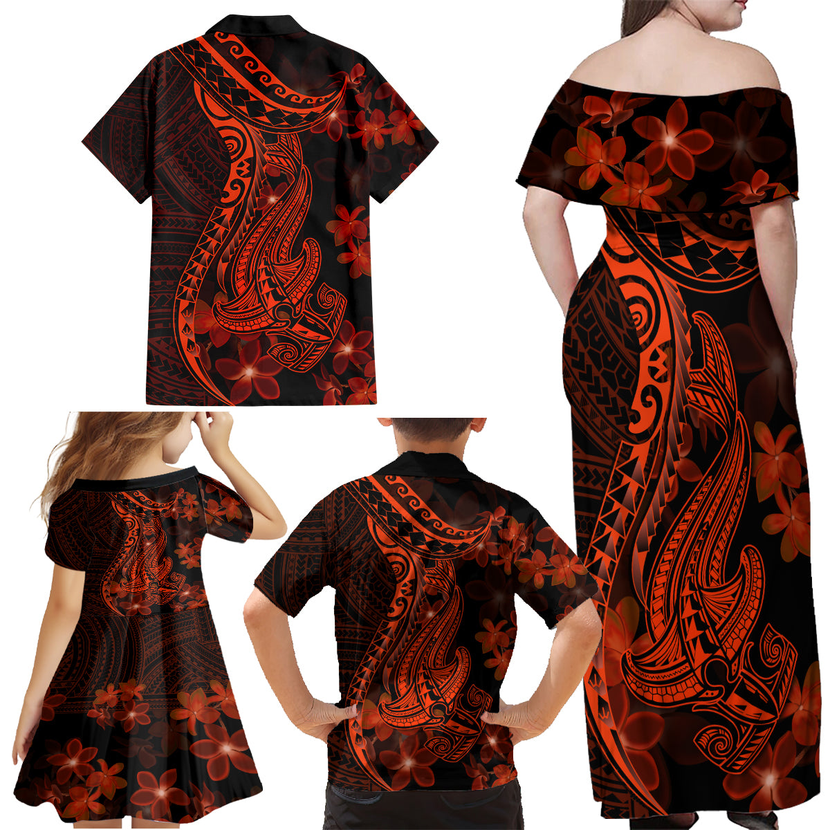 Red Polynesia Family Matching Off Shoulder Maxi Dress and Hawaiian Shirt Shark Tattoo With Polynesian Plumeria - Wonder Print Shop