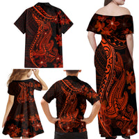 Red Polynesia Family Matching Off Shoulder Maxi Dress and Hawaiian Shirt Shark Tattoo With Polynesian Plumeria - Wonder Print Shop