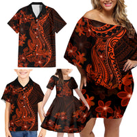 Red Polynesia Family Matching Off Shoulder Short Dress and Hawaiian Shirt Shark Tattoo With Polynesian Plumeria - Wonder Print Shop